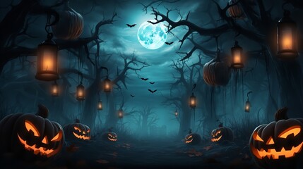 Halloween background with graveyard filled with Jack O' Lanterns in the eerie night. Generative Ai.