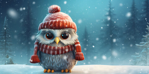 Little owl wearing a beanie hat in the snow