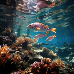 Fototapeta na wymiar Marine biodiversity in lively coral reef with diverse underwater wildlife.