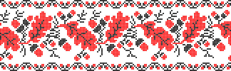 Vector illustration of Ukrainian ornament in ethnic floral style with oak leaves and acorns, identity, vyshyvanka, embroidery for print clothes, websites, banners. background. Floral design, border