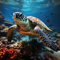 Naklejka na ściany i meble Turtle with group of colorful fish and sea animals with colorful coral underwater in ocean