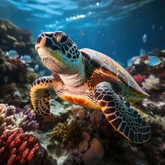 Naklejka na ściany i meble Turtle with group of colorful fish and sea animals with colorful coral underwater in ocean