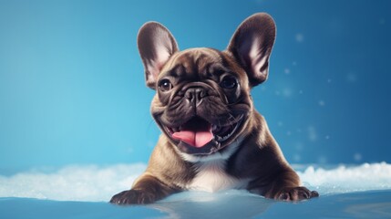 Portrait of a French Bulldog on an ice, blue background