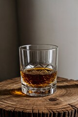 close up of a glass of scotch whisky on vintage wooden table with copy space at the top