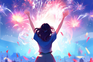 Festival of Music and Joy Open Air Event with Dancing, Cheering Audience Against a Backdrop of Fireworks. A Happy Party Goer Raises Hands in Celebration, Immersed in the Evening Concert's Vibrant Atmo