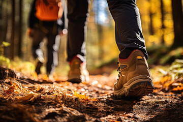 Group of tourists walks along the path of the autumn forest. Feet close-up. Traveling in a small group. - obrazy, fototapety, plakaty