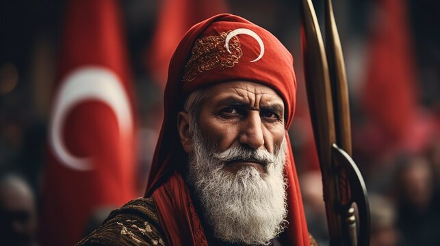 Old man wearing turkey national flag in head. Generative Ai.