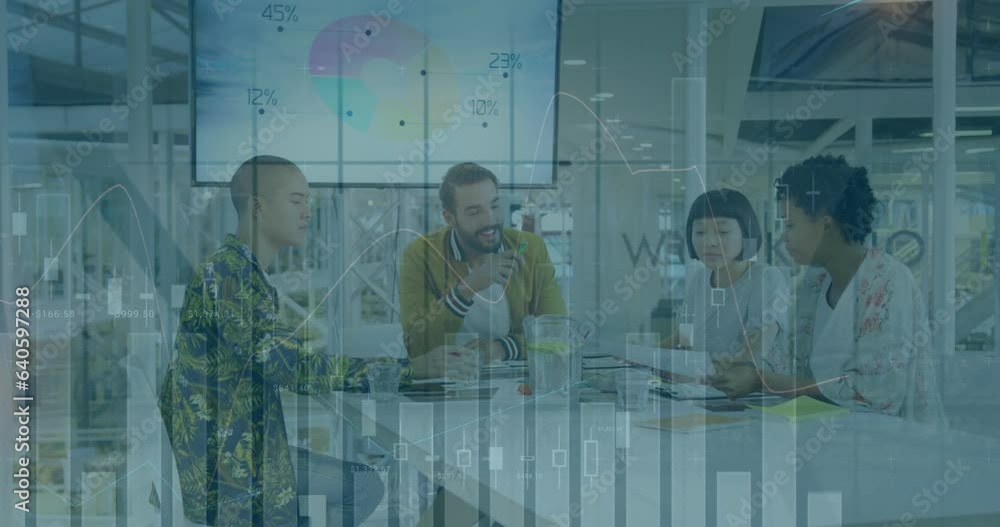 Aufkleber animation of multiple graphs moving over diverse happy coworkers discussing report in meeting