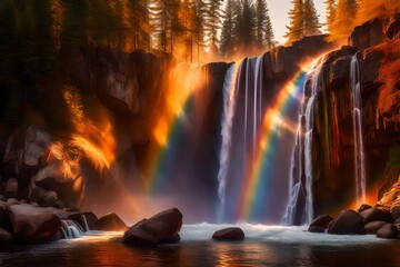 rainbow and waterfall in mountains