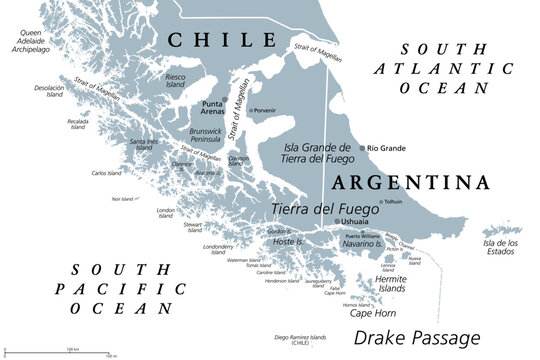 Tierra del Fuego, gray political map. Archipelago and southernmost tip of South America, across the Strait of Magellan, divided between Chile and Argentina. With Cape Horn, north of the Drake Passage.