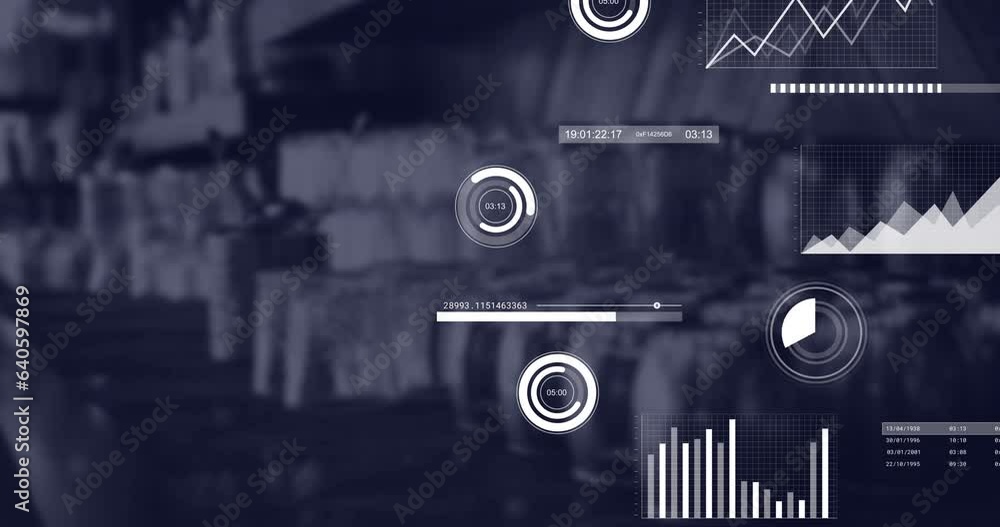 Aufkleber animation of multiple graphs moving over coffee maker machines in coffee shop