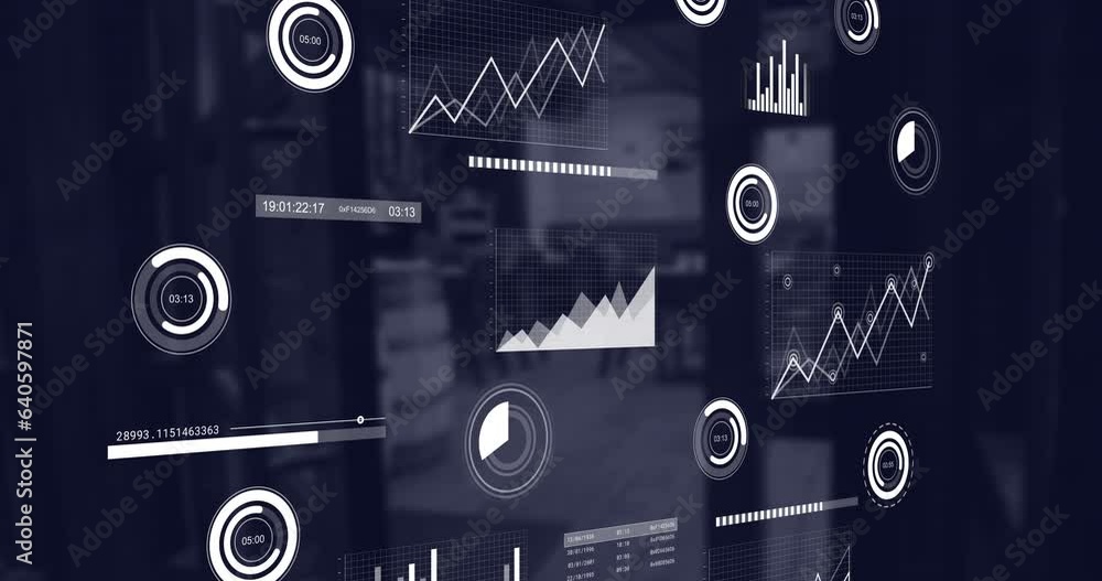 Aufkleber animation of multiple graphs moving over entrance of empty coffee shop