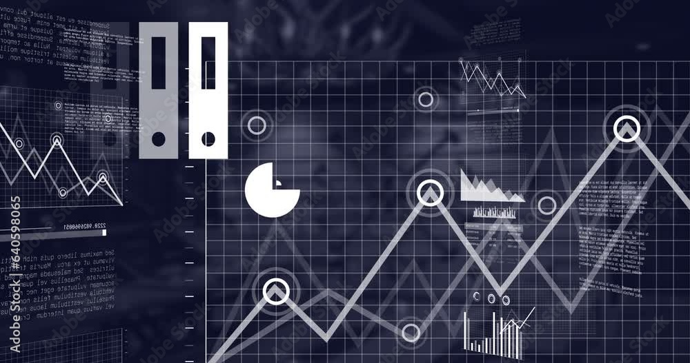 Poster animation of multiple graphs, laptop with cloud icon and computer language over abstract pattern