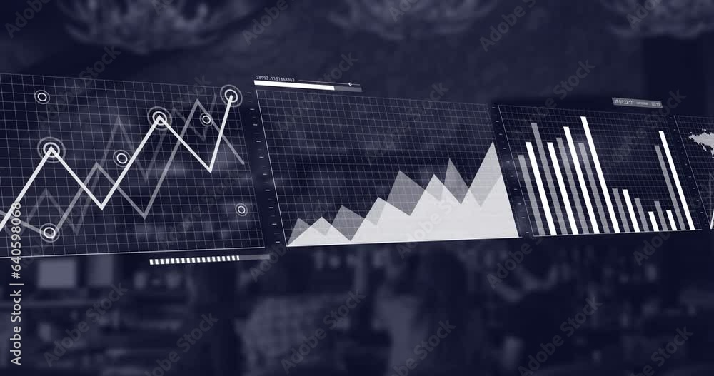 Poster animation of screens with multiple graphs and map moving over coffee shop