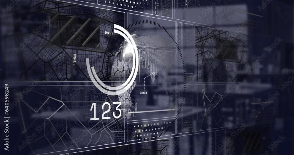 Poster animation of globe and digital map with circle and number over empty tables and chairs in cafes