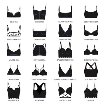 Types of bras. Big vector set of black lingerie.