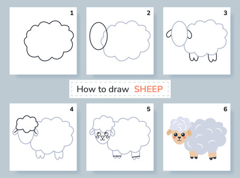 Drawing lesson for kids. How to draw sheep. 