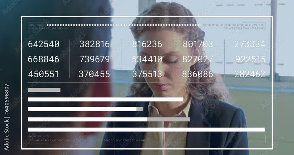 Poster animation of graph and loading bars over caucasian woman working in office