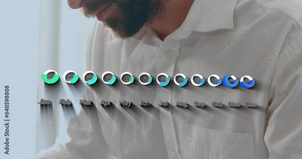 Poster animation of loading circles with month names, caucasian man reading newspaper while drinking coffee