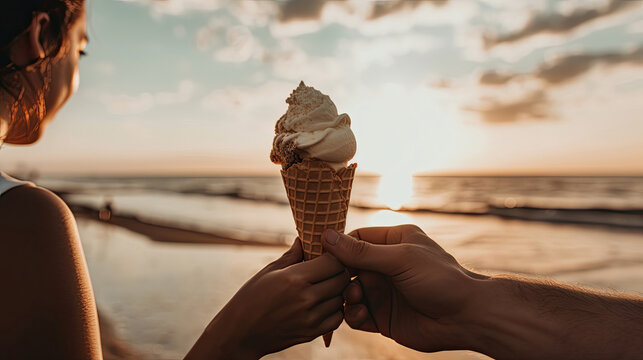 Romantic couple sharing ice cream cone at the beach - Powered by Adobe