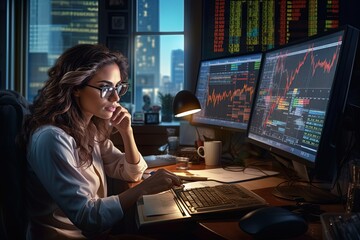 Fototapeta na wymiar Young female financial analyst works in front of multiple monitors in the office. Cryptocurrency and securities trading. Tracking quotes in real time.