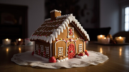 Christmas house made from ginger cookies with ginger man outside decorated in Christmas spirit with tree in background