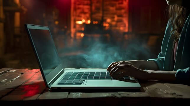 Man typing on a laptop in a dark room