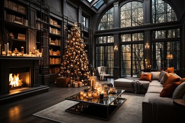 Luxury living room interior with christmas tree and fireplace. 3D rendering. 