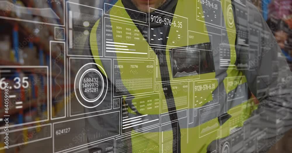 Poster animation of graphs, loading bars, circles, changing numbers, caucasian worker using scanner machine
