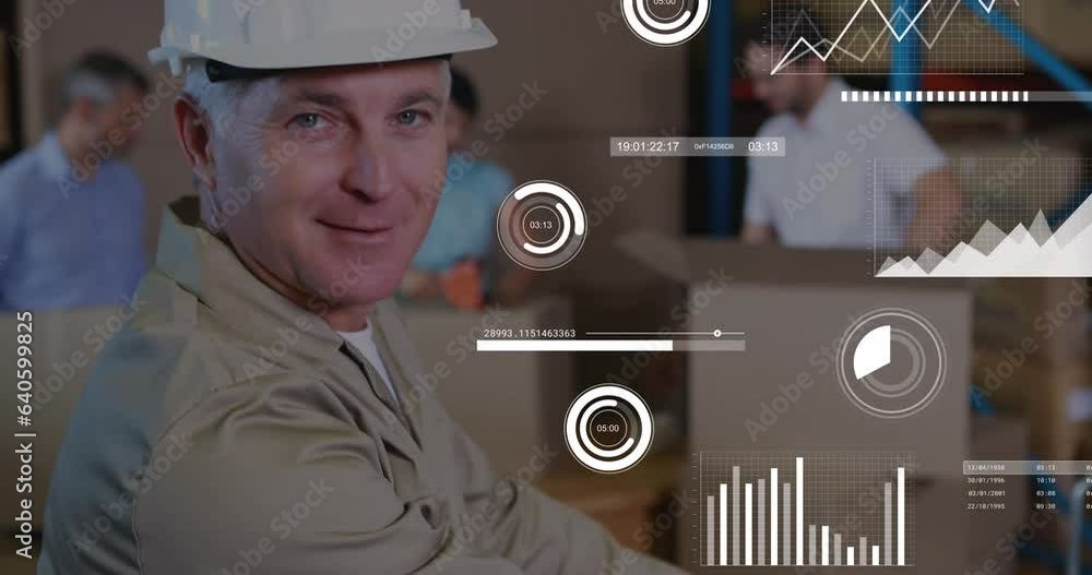 Poster animation of graphs, loading bars and circles over caucasian man keeping cardboard box on table