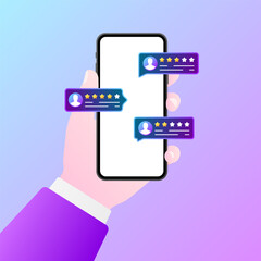 Star rating on your phone. Flat, purple, phone in hand, star rating, app rating. Vector illustration