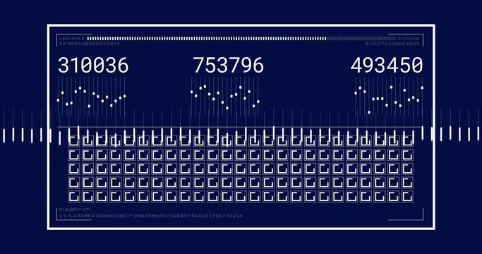 Animation of rectangle with changing numbers and loading squares on blue background