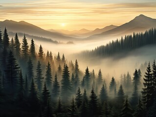 Misty forest, bathing in the morning light