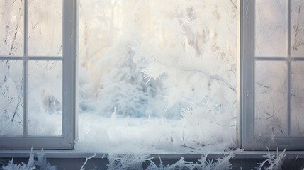 Old window with hoarfrost in backlit.