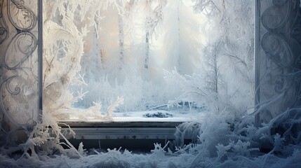 Old window with hoarfrost in backlit.