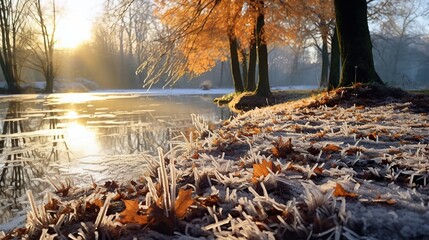Frosty feilds and ponds in the autumn.
