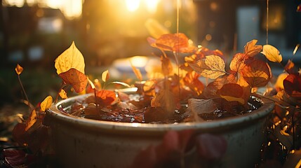 Pot with old autumn plants in the landscape.