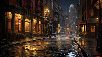 Fototapeta na wymiar Hyperrealistic rain-soaked city street at night