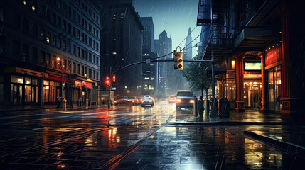 Obraz premium Hyperrealistic rain-soaked city street at night