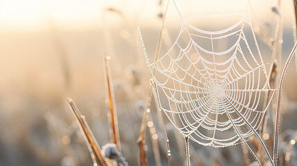 Close-up of a delicate spider's web covered in dew
