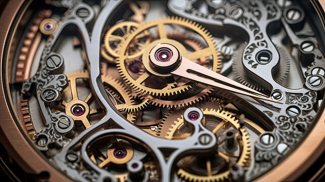 Fine details of a mechanical watch's intricate gears