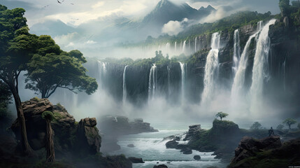 Hyperreal view of a majestic waterfall and misty surroundings