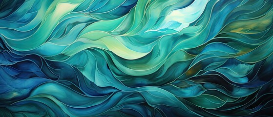 Swirling cerulean and emerald hues gracefully dancing together, creating intricate patterns reminiscent of deep ocean currents - obrazy, fototapety, plakaty