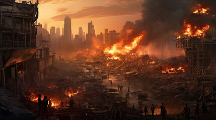 Naklejka premium Hyperreal depiction of a bustling urban square at sunset