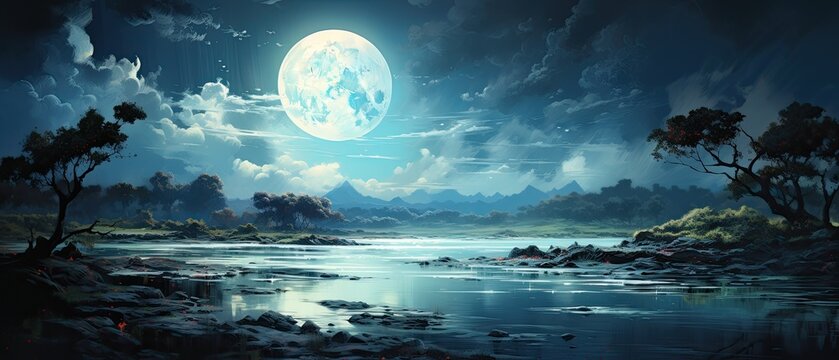 Hues of teal and indigo, dispersing and settling, painting a serene picture of a lagoon under the moonlit sky