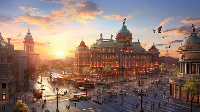 Hyperreal depiction of a bustling urban square at sunset