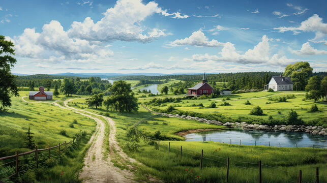 Hyperreal view of a serene countryside landscape