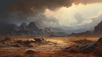 Hyperrealistic portrayal of a dramatic desert landscape