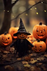 Naklejka premium happy little halloween figure surrounded by halloween pumpkins, suitable for seasonal greeting cards, banners and decoration - ai-generated