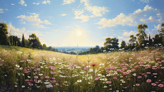 Hyperreal depiction of a sunlit field of wildflowers